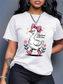 Camiseta Nueva de Primavera/Verano/Otoño 2026 - Camiseta casual de verano de manga corta y cuello redondo con estampado de pato lindo y lazo rosa (Silly Goose on Run) - Top negro lavable aáquina. - Blanco - Ver 3