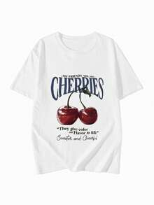 Women's Summer Fashion Short Sleeve T-Shirt Casual Outdoor Fashion T-Shirt 'Letters And Cherries' Print Loose Casual Women's T-Shirt - 白色 - 查看 3