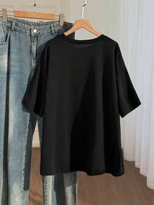 1 pieza 356T Camiseta  Plus con estampado de letras y hombros caídos, 180g, 100% algodón - Negro - Ver 2