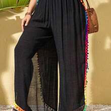 Swim Lushoire Plus Size Women Colorful Tassel Trim Side Slit Modest Beach Casual Long Cover Up Pants, For Summer Vacation - Negro - Ver 1