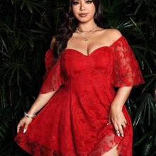 Sunspun Plus Size Women Fashion Romantic Elegant Sweetheart Collar Mesh Short Dress - Rojo - Ver 2
