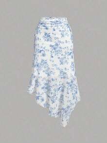 Women's Blue & White Print Ruched Waist Side Tie Asymmetrical Hem A-Line Skirt,Cruise,Hawaii,Blue And White Floral Skirt, Tea Party,Summer - Beis - Ver 5