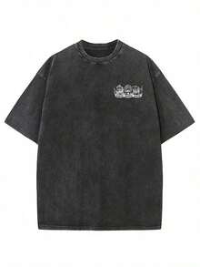 Camiseta de Hombre 100% Algodón, Lavada al Estilo Vintage, Negra Estampada - Diseño de Ángel Mecánico de Manga Corta, Uso Todo el Año, Lavable a Máquina, Estilo Urbano y Versátil - Negro - Ver 2