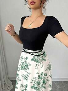 Vestido de manga corta con estampado, cintura ajustada y lazo, estilo qipao elegante para mujer - Multicolor 3 - Ver 5