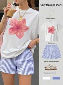 Conjunto de top de manga corta holgado con estampado floral y shorts a rayas para mujer, conjunto informal de verano de 2 piezas para mujer, traje de mujer, conjunto de verano para mujer, ropa de vacaciones, atuendo de viaje, estilo de playa, ropa de vacaciones minimalista - Blanco 2 - Ver 1