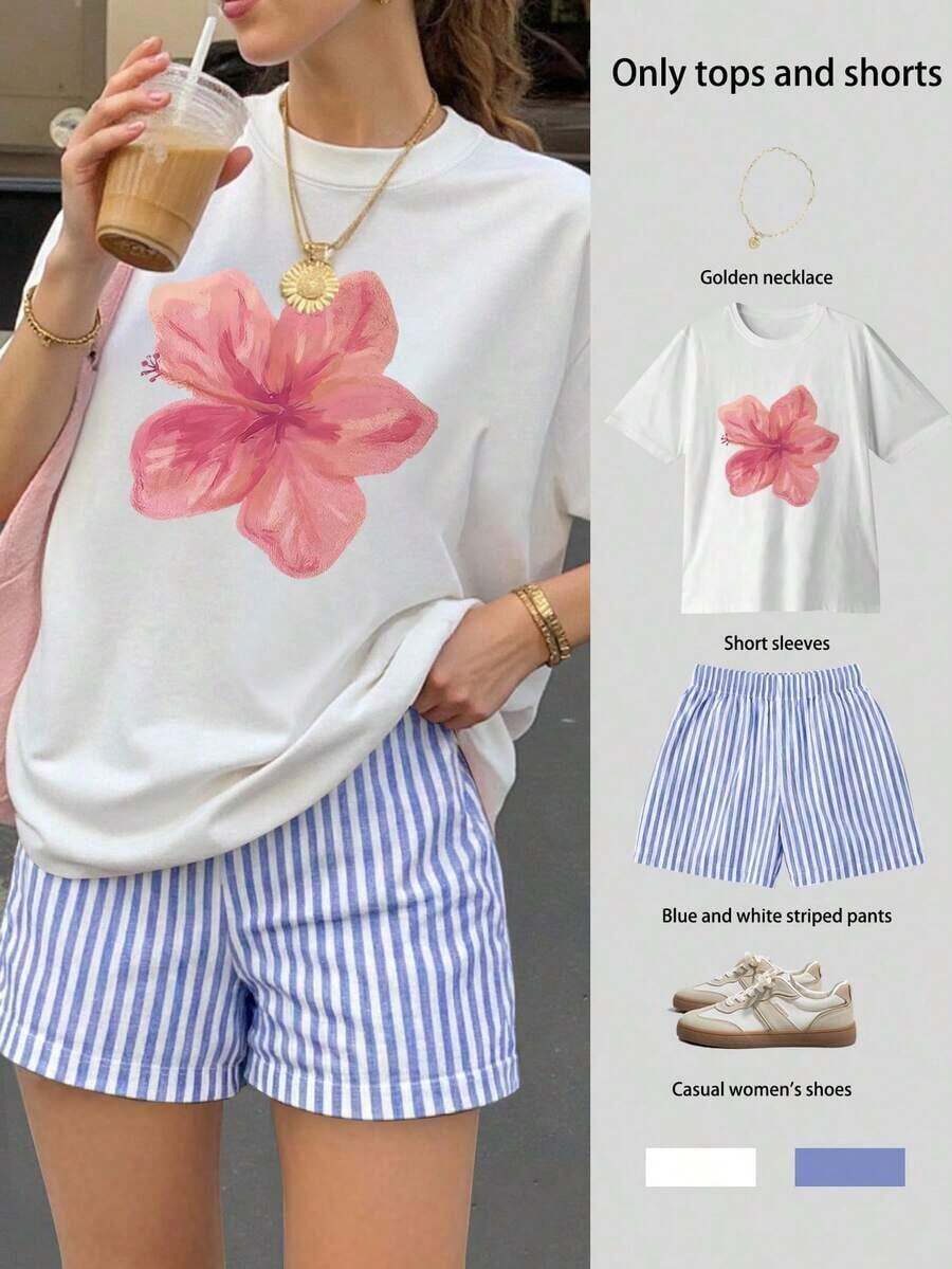 Conjunto de top de manga corta holgado con estampado floral y shorts a rayas para mujer, conjunto informal de verano de 2 piezas para mujer, traje de mujer, conjunto de verano para mujer, ropa de vacaciones, atuendo de viaje, estilo de playa, ropa de vacaciones minimalista - Blanco 2 - Ver 1