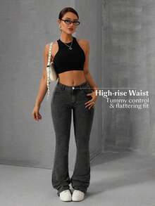 Women's Casual Pocketed Mid-Waist Skinny Flare Jeans - Gris - Ver 4