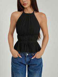 Top de tirantes sin espalda con cuello de halter y cintura anudada plisada para mujer - Negro - Ver 7