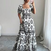 Women's Summer Country Floral Print Bardot Neck Dress - Blanco y Negro - Ver 6