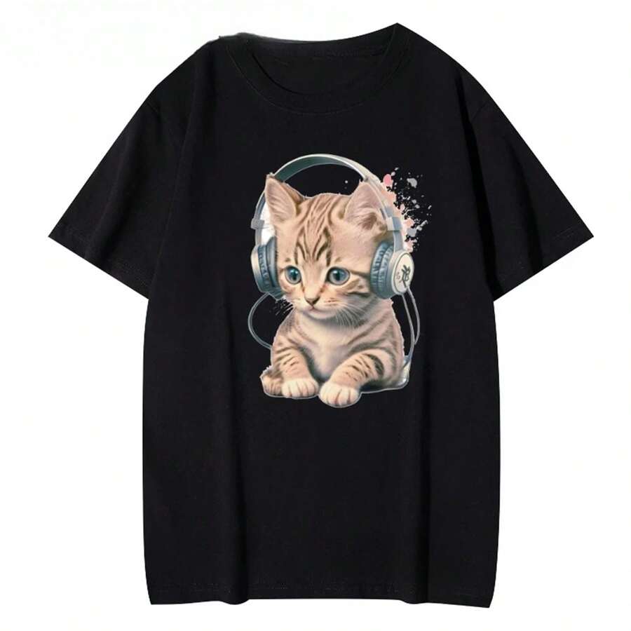 Women's Short-Sleeved T-Shirt With DJ Kitten Print, Knitted Fabric, Regular Fit, Casual Style, Ideal For Everyday Wear. - 黑色 - 查看 1