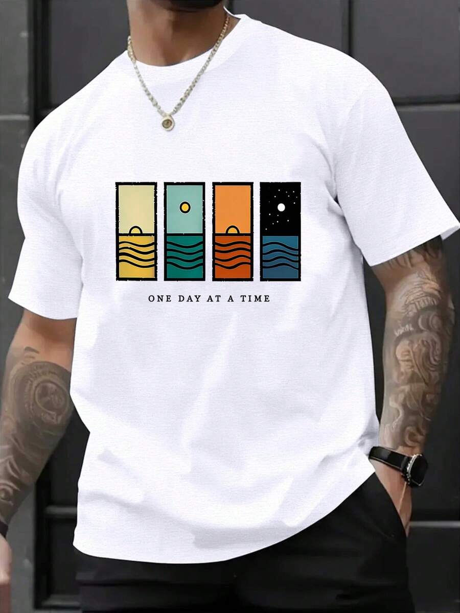 Camiseta de manga corta con cuello redondo y estampado de verano para hombre - Adecuada para salidas casuales, deportes y actividades al aire libre - Camiseta con diseño divertido - Blanco - Ver 1