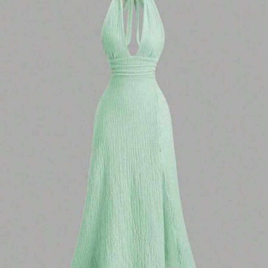 Sweetro Sexy Halter Deep V-Neck Backless Fitted Slit Solid Color Dress - Verde Limelight - Ver 1