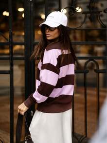 Women's Striped Long Sleeve Polo Shirt, Casual, Stylish, Autumn/Winter Knit - 淺粉色 - 查看 2
