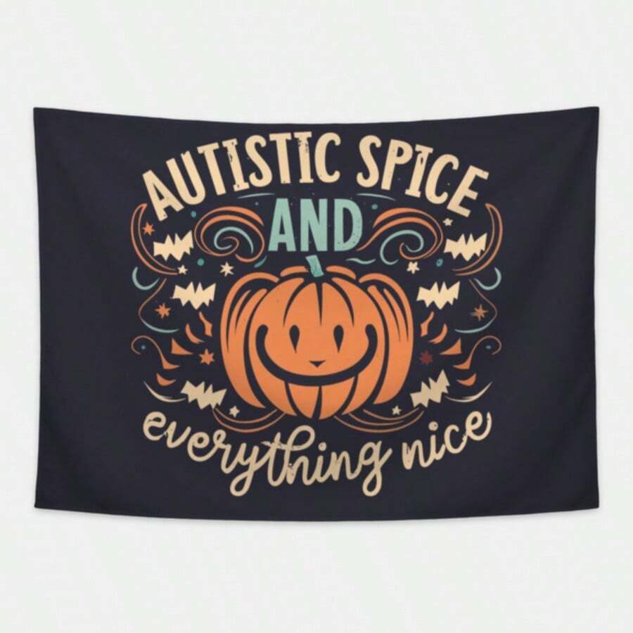 "Autistic Spice And Everything Nice" Pumpkin Tapestry, Halloween Autism Print, Wall Decor For Neurodiversity Advocates That Blends Fall Festivities With Positive Representation, Featuring A Smiling Jack-O'-Lantern And Whimsical Swirls. - 1PC - 查看 1