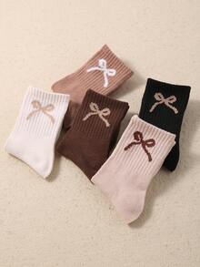 6 Pairs Girls' Bow Decor Casual Socks, Suitable For Indoor, Party, Matching, Shopping, Beach, Vacation And Other Occasions, Retro Color Tone - Multicolor - View 3