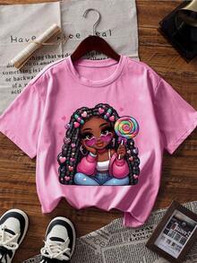 [Cotton T-Shirt] Tween Girl One-Piece Printed Pullover Short-Sleeve T-Shirt, Student And Young Children's Wear, Summer Gift For Kids - 玫紅色 - 查看 2