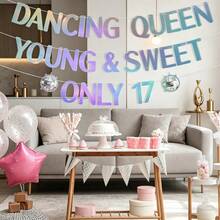 1件装“Young & Sweet Only 17”横幅，全息17岁生日字母横幅，迪斯科主题炫彩17岁生日派对花环，闪光全息生日墙面装饰牌，完美适用于17岁生日派对装饰、主题庆典、迪斯科复古派对、拍照背景以及室内外生日派对用品 - 多色的 - 查看 3