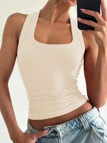 Camiseta de tirantes de mujer Floreya con cuello cuadrado, top corto casual de ajuste ceñido sin mangas, versátil para usar por sí solo o en capas, estilo minimalista francés, apto para todas las estaciones, verano - Albaricoque - Ver 2