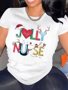 Camiseta Casual de Manga Corta para Mujer Navidad 1 Pieza 100% Algodón Pesado - Cuello Redondo Cómodo, Tops Suaves y Adorables - Negro - Ver 7