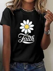 Camiseta Casual de Mujer con Estampado de Margarita y Símbolo de Fe - Manga Corta y Cuello Redondo - Tejido de Elasticidad Media (Símbolo de Fe y Margarita) - Atuendo Casual para Primavera y Verano - Lavable a Máquina - Negro - Ver 6