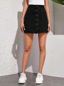Falda midi vaquera informal, de moda y adecuada para uso diario - Negro - Ver 5