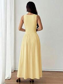 Vestido evasé de unicolor marrón café con cuello cuadrado elegante para mujer, primavera/verano - Amarillo - Ver 2