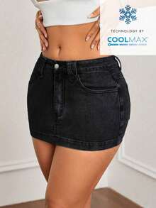 Minifalda de mezclilla ajustada y de tiro bajo lavada, con estilo callejero sexy para el verano - Negro 3 - Ver 7