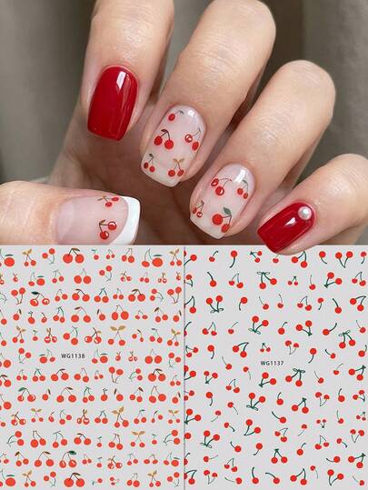 2pcs French Romantic Red Cherry Nail Stickers - Handpainted Fresh Fruit & Green Leaf Nail Art Decals - Suitable For Spring/Summer, Graduation, Outdoor, Vacation DIY Decoration