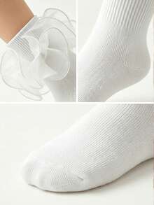 1 Pair Girls' Socks With Ruffle Floral Trim, Princess Baby Socks - White - View 3