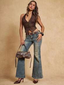 Top halter con cierre de cremallera frontal, estilo occidental, de cuero sintético con espalda descubierta y cordones, para mujer, de moda y sexy, para vacaciones de verano - Marrón - Ver 11