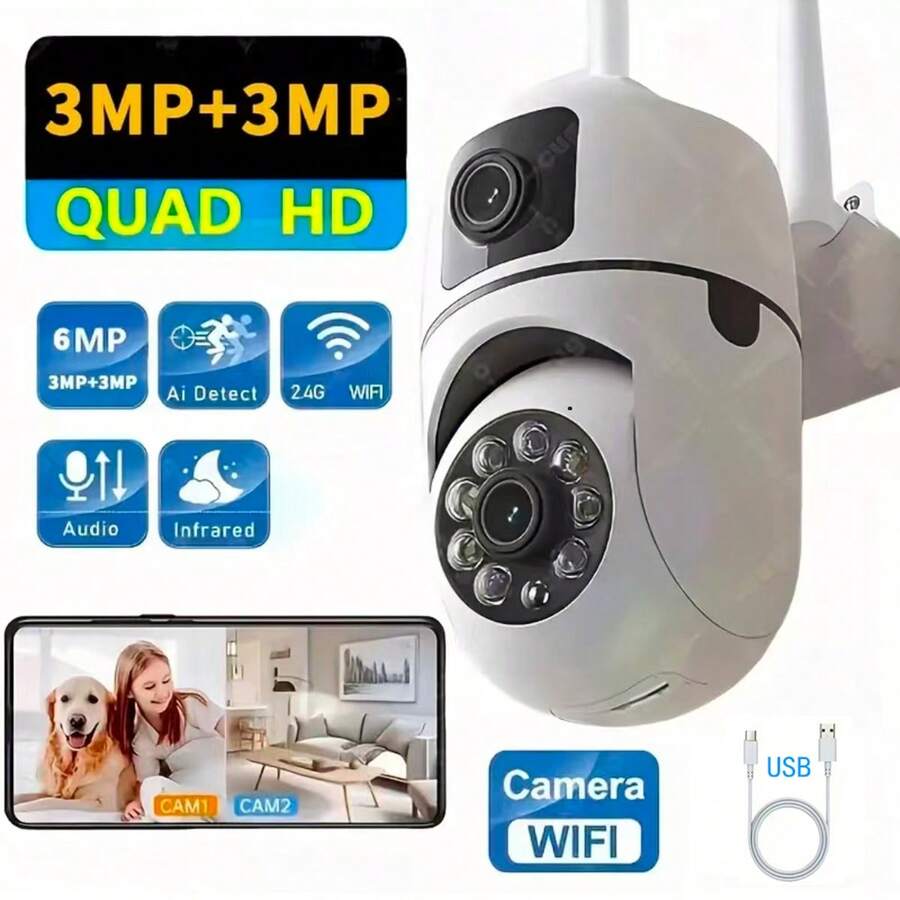 3MP+3MP 无线安防摄像头，双镜头室内监控，自动追踪报警，高清夜视，智能家居安防摄像头，适用于青少年监控，2.4GHz WiFi 室内/室外摄像头，支持 SD 卡/云存储（需额外付费），手机 App 控制镜头旋转 - 白色 - 查看 1