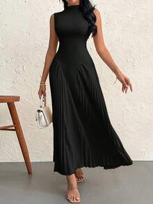 Vestido elegante de línea A ajustado con pliegues para mujeres - Negro - Ver 1