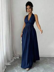 Elegante vestido sin mangas con cuello en V, diseño hueco en la cintura y pliegues, color morado, nueva llegada de primavera/verano - Azul marino - Ver 7