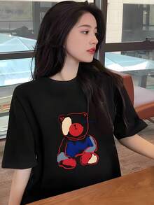 New Arrival Women's Korean Midi T-Shirt, Elegant Black With Colorful Bear Print, Round Neck Short Sleeve, Loose Fit, Non-Stretch Fabric With Shiny Texture, Ideal For Summer And Layering - 黑色 - 查看 3
