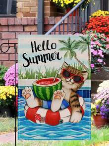 12x18 英寸“Hello Summer Kitty”花园旗，双面夏季沙滩庭院旗，图案为戴着西瓜时尚眼镜的可爱小猫咪和热带棕榈树装饰，适合户外露台草坪使用。 - O - 查看 5