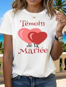 Camiseta con estampado gráfico "French Bridesmaid Heart Temoin De La Mariee" para mujer, primavera-verano, manga corta, cuello redondo, estilo casual, para uso diario, ocio, regalo para vacaciones. - Blanco - Ver 8