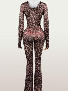 Spring/Summer Two Pieces Set For Women Casual Solid Color Leopard Print Zip Long Sleeve Top And Long Pants Beach Going Out Rave Gym Party Outfits - Dark Grey - View 5