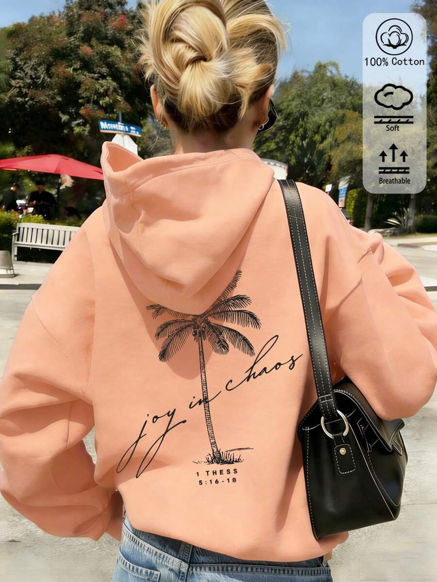 Women's Loose Hoodie, Coconut Tree Print, Casual Streetwear Style, Comfortable Fit, Suitable For Autumn/Winter Wear - Orange - View 1