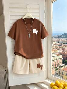 2pcs Toddler Boys Casual Comfortable Soft Sports Set, Retro American NY Letter Contrast Color Print Brown T-Shirt And Elastic Waist Apricot Shorts, Spring/Summer - Brown - View 8