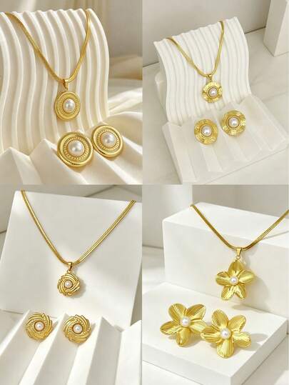 18K Gold Plated Stainless Steel Pearl Jewelry Set For Women, Vintage Textured Round/Floral Earrings, Hammered Round Pendant, Spiral Twist Necklace, Hypoallergenic Fashion Gift, Niche Design Jewelry Gift, Suitable For Commuting, Dating, Party And Other Occasions, Perfect Birthday Or Mother's Day Gift