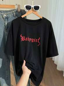 1 pieza 356T Camiseta  Plus con estampado de letras y hombros caídos, 180g, 100% algodón - Negro - Ver 3