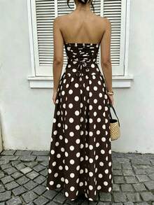 Women's Polka Dot Waist-Cinching Strapless Dress, Vacation Style Casual Brown Long Beach Dress For Autumn Elegant Summer - Brown - View 1