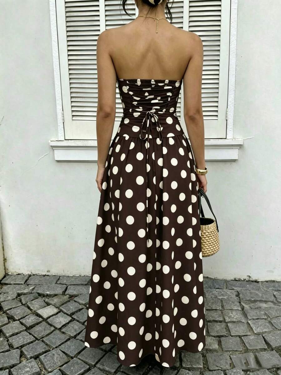 Women's Polka Dot Waist-Cinching Strapless Dress, Vacation Style Casual Brown Long Beach Dress For Autumn Elegant Summer - Brown - View 1