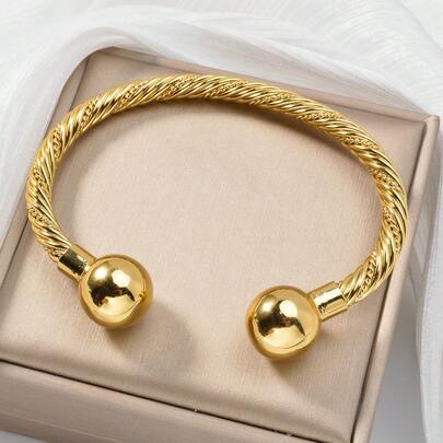 1pc Vintage Elegant 14K Gold Plated Copper Gold Wire Twists Woven Bead Open Bracelet For Women Daily Party Banquet, Perfect Gift