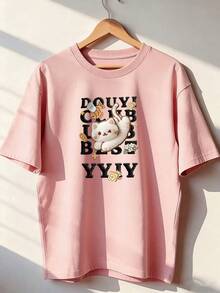 Short-Sleeve T-Shirt With Funny Cat And Youthful Calligraphy, Fashionable Short-Sleeve T-Shirt For Spring And Summer 2026, Made In Mexico, 180 Grams. Cartoon Print, Couple Design, Suitable For Indoor Or Outdoor Wear. Crew Neck, Unisex, Ideal For Office And Leisure. One-Pack. - PK-P631577SLNDXZGY397 - 查看 3