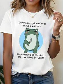 Talla Grande, Camiseta Divertida con Estampado Gráfico de Rana Enojada Española para Mujer, Manga Corta, Cuello Redondo, Top Casual para Verano y Primavera, Ropa de Mujer - Blanco - Ver 1