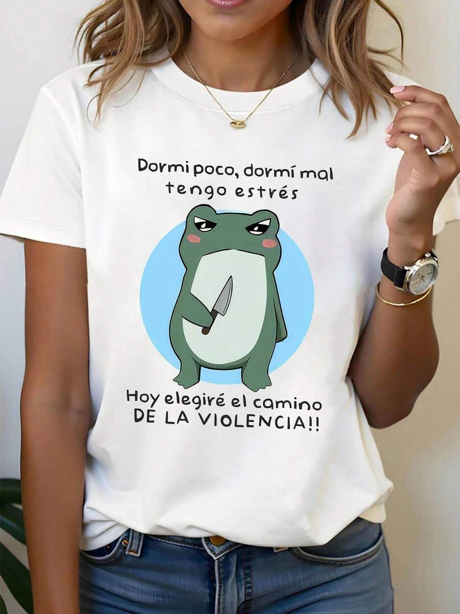 Talla Grande, Camiseta Divertida con Estampado Gráfico de Rana Enojada Española para Mujer, Manga Corta, Cuello Redondo, Top Casual para Verano y Primavera, Ropa de Mujer - Blanco - Ver 1