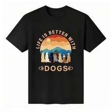 1 pieza de camiseta unisex de manga corta y cuello redondo 100% algodón - "LA VIDA ES MEJOR CON PERROS" - Diseño gráfico con temática de perros - Camiseta básica de verano para amantes de las mascotas - 210g 100% algodón, los diseños están impresos. Unisexo. - Negro - Ver 7
