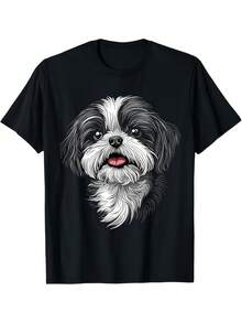 VintageHih Shih Tzu Dog Graphic T-Shirt - Black & White Cute Pet Tee, Soft Breathable Fabric Regular Fit Round Neck Shirt For Men, Women, Adults - Machine Washable Everyday Casual Wear Gift For Dog Loverssummer Tops - 黑色 - 查看 1