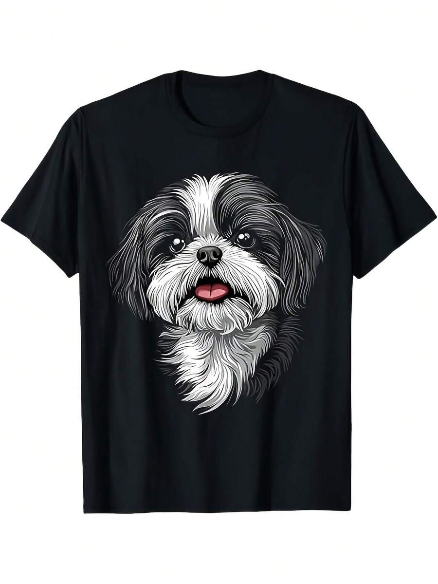 VintageHih Shih Tzu Dog Graphic T-Shirt - Black & White Cute Pet Tee, Soft Breathable Fabric Regular Fit Round Neck Shirt For Men, Women, Adults - Machine Washable Everyday Casual Wear Gift For Dog Loverssummer Tops - 黑色 - 查看 1